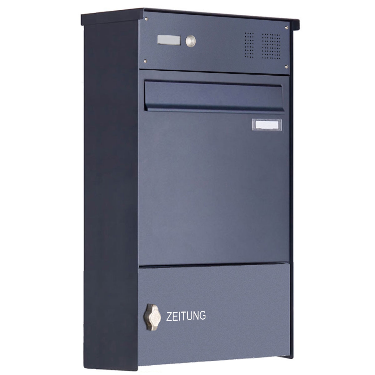Stainless steel fence letterbox BASIC Plus 382XZ with newspaper compartment & bell box - RAL of your choice - removal from the rear Stainless steel fence letterbox BASIC Plus 382XZ with newspaper compartment & bell box - RAL of your choice - removal from the rear