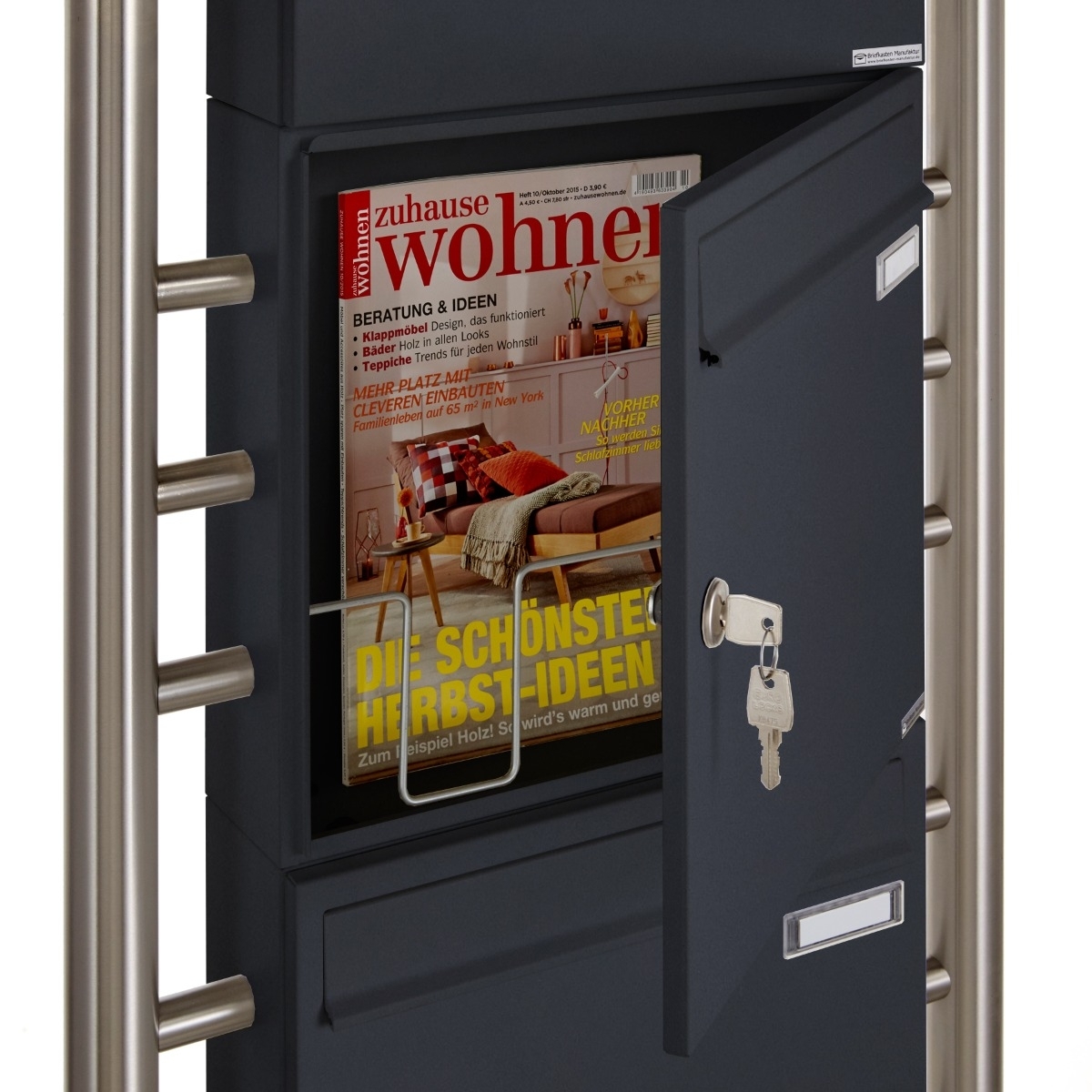 3er 1x3 letterbox Design BASIC 381 ST-R with newspaper compartment closed - RAL 7016 anthracite grey 3er 1x3 letterbox Design BASIC 381 ST-R with newspaper compartment closed - RAL 7016 anthracite grey