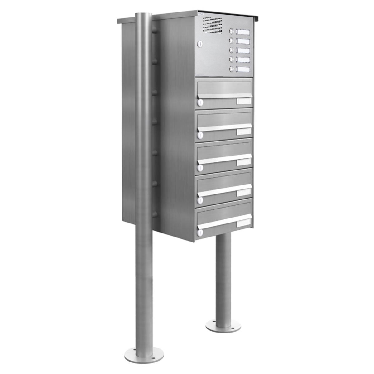 5er Standbriefkasten Design BASIC 385-VA ST-R mit Klingelkasten - Edelstahl V2A, geschliffen