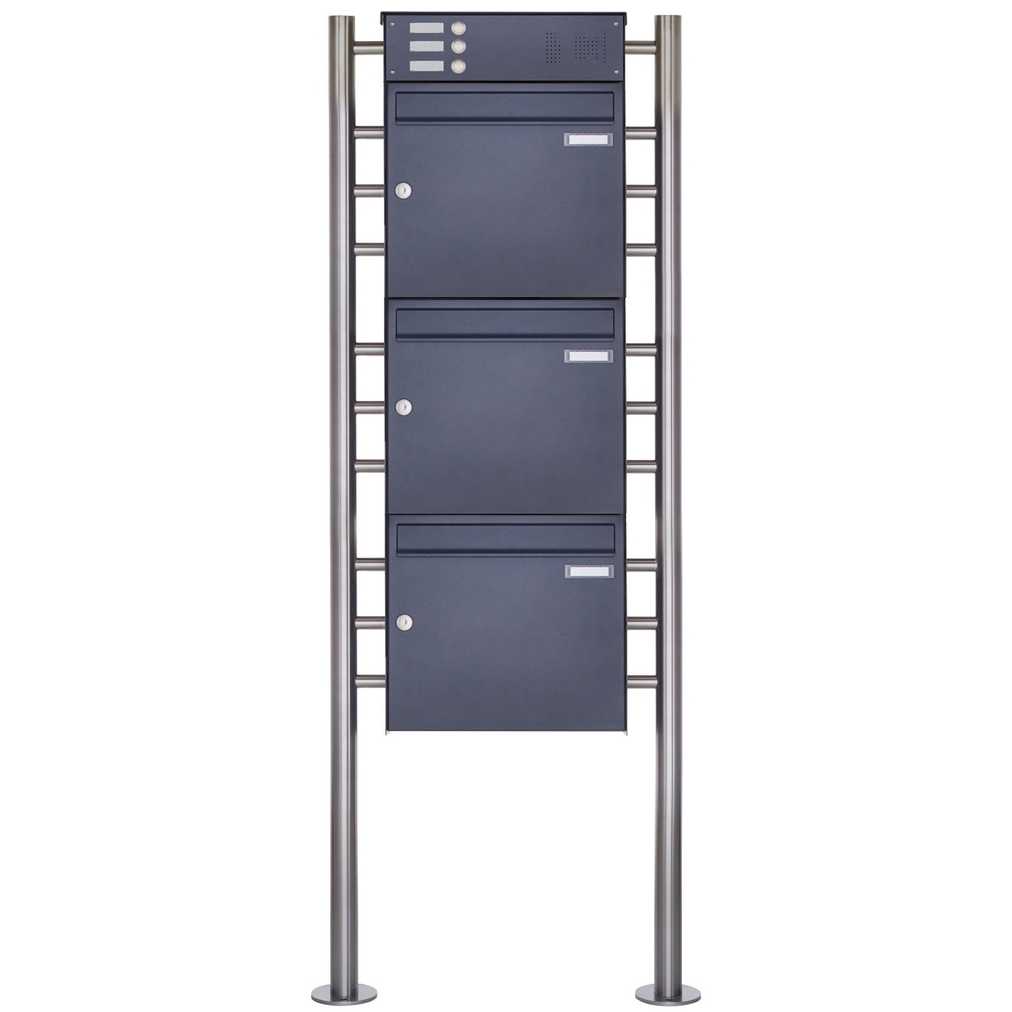 3er 3x1 Edelstahl Standbriefkasten Design BASIC Plus 381X ST-R mit Klingelkasten - RAL nach Wahl