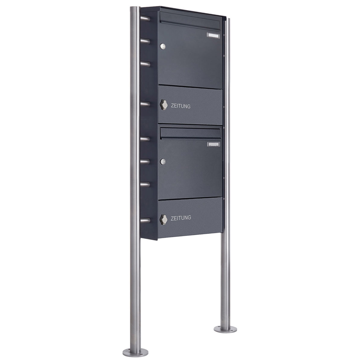 2er Edelstahl Standbriefkasten Design BASIC Plus 381X ST-R mit 2x Zeitungsfach geschlossen - RAL nach Wahl 2er Edelstahl Standbriefkasten Design BASIC Plus 381X ST-R mit 2x Zeitungsfach geschlossen - RAL nach Wahl