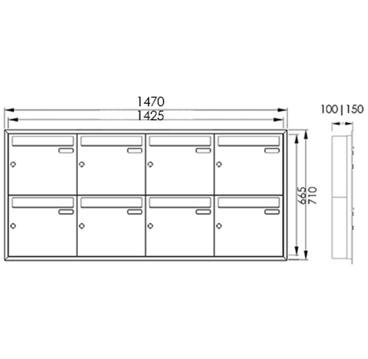 Sistema di cassette per le lettere da incasso BASIC Plus 382XU UP a 7 unità 4x2 in acciaio inox - RAL a scelta - 7 parti Sistema di cassette per le lettere da incasso BASIC Plus 382XU UP a 7 unità 4x2 in acciaio inox - RAL a scelta - 7 parti