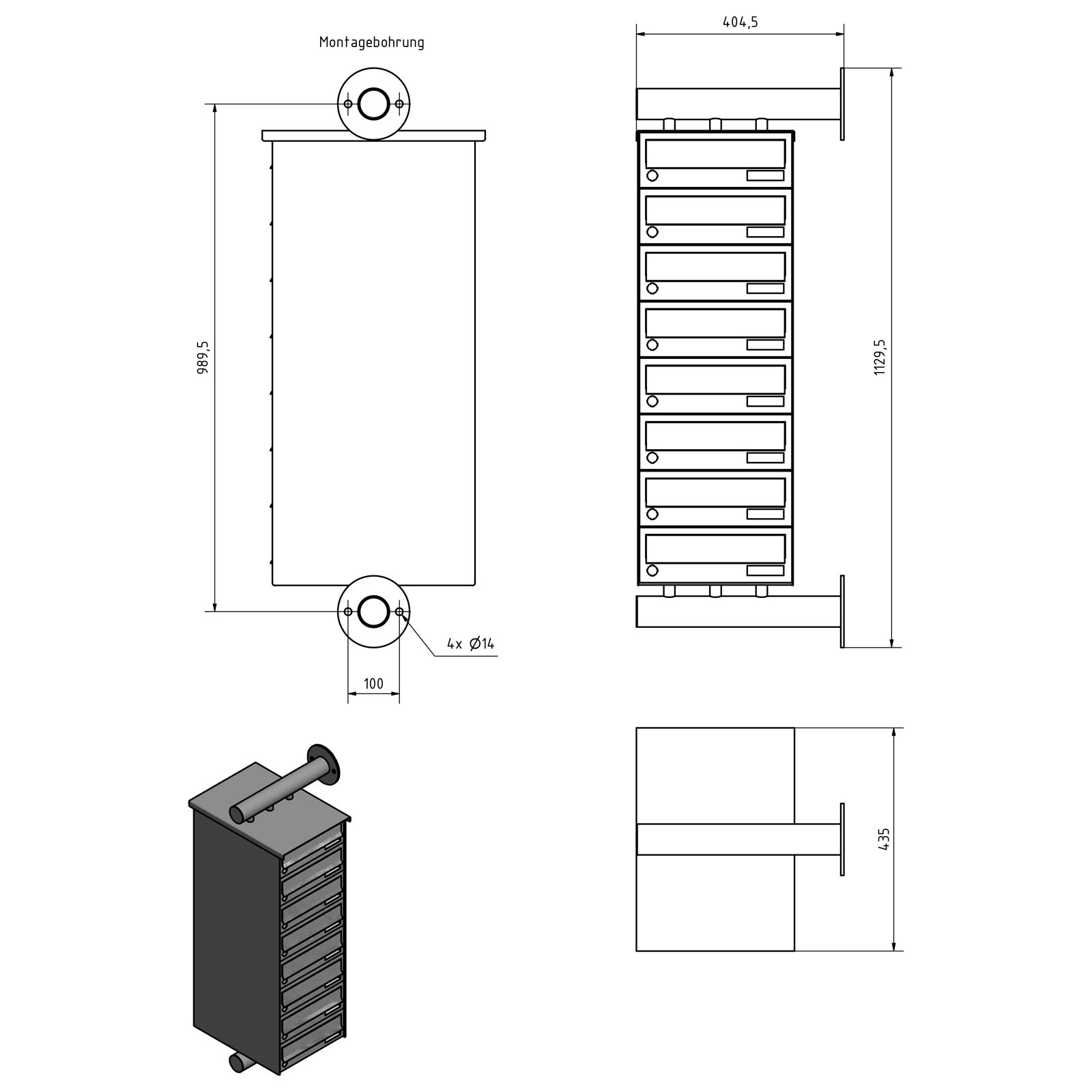 8-piece stainless steel letterbox system Design BASIC Plus 385XW for side wall mounting - RAL of your choice