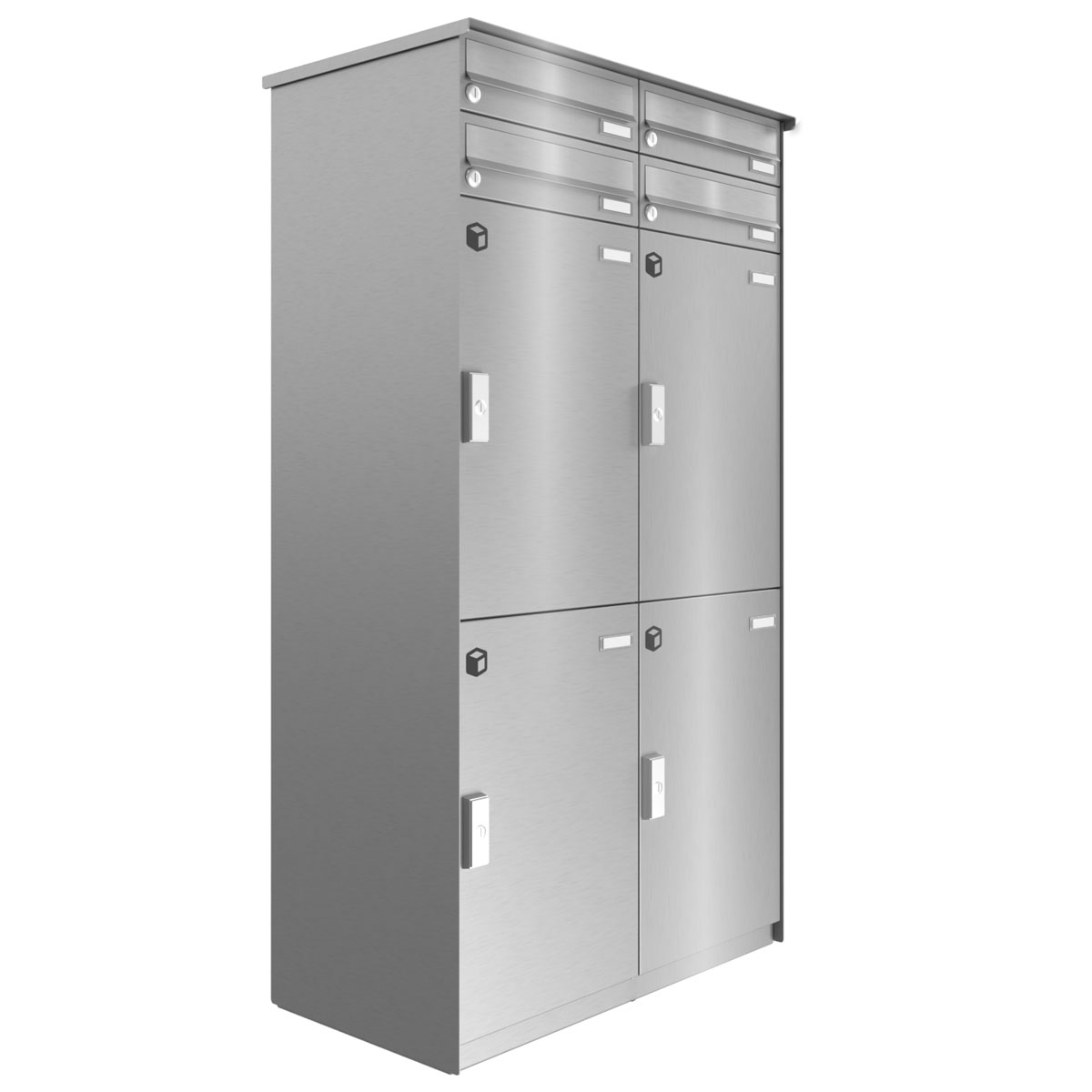 4er Paketfachanlage BASIC Plus 863X STL mit Paketfach 370x550 und Briefkasten 370x110 - Edelstahl geschliffen 4er Paketfachanlage BASIC Plus 863X STL mit Paketfach 370x550 und Briefkasten 370x110 - Edelstahl geschliffen