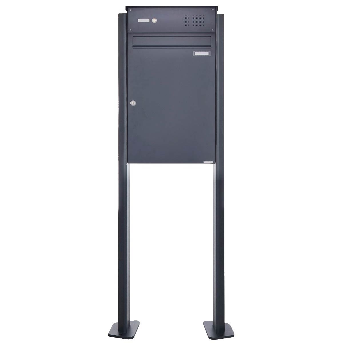 Großraumbriefkasten freistehend Design BASIC 380BP-550 ST-T mit Klingelkasten - RAL 7016 Anthrazit-Grau Großraumbriefkasten freistehend Design BASIC 380BP-550 ST-T mit Klingelkasten - RAL 7016 Anthrazit-Grau