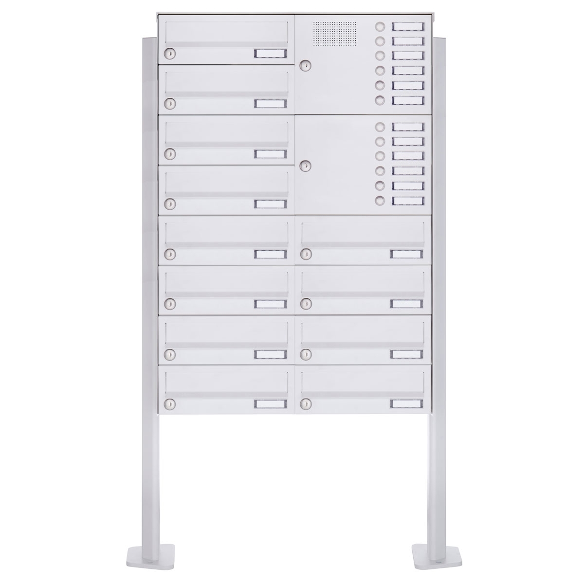 12er 8x2 Standbriefkasten Design BASIC 385P-9016 ST-T mit Klingelkasten - RAL 9016 verkehrsweiß