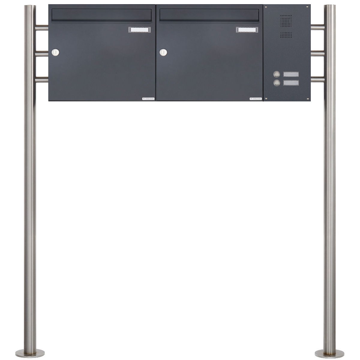 2er Edelstahl Standbriefkasten Design BASIC Plus 381X ST-R mit Klingelkasten seitlich - RAL nach Wahl 2er Edelstahl Standbriefkasten Design BASIC Plus 381X ST-R mit Klingelkasten seitlich - RAL nach Wahl