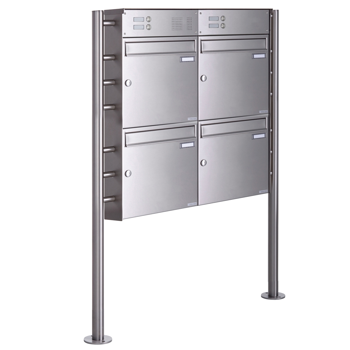 4er Standbriefkasten Design BASIC Plus 381X ST-R mit Klingelkasten - Edelstahl V2A geschliffen
