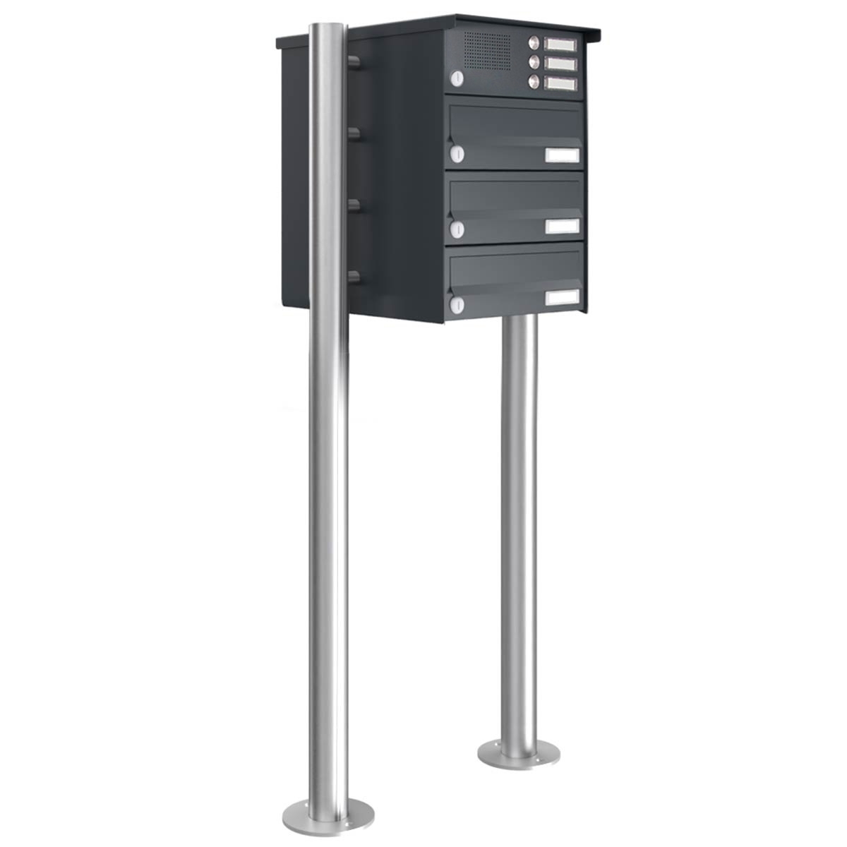 3er Standbriefkasten Design BASIC 385 ST-R mit Klingelkasten - RAL 7016 anthrazitgrau