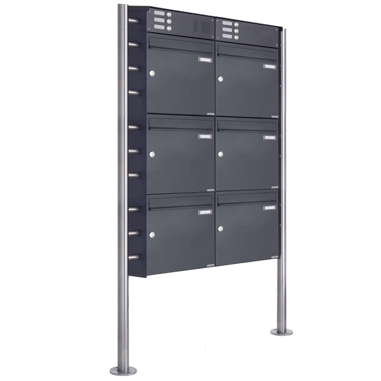 6er Edelstahl Standbriefkasten Design BASIC Plus 381X ST-R mit Klingelkasten - RAL nach Wahl 6er Edelstahl Standbriefkasten Design BASIC Plus 381X ST-R mit Klingelkasten - RAL nach Wahl