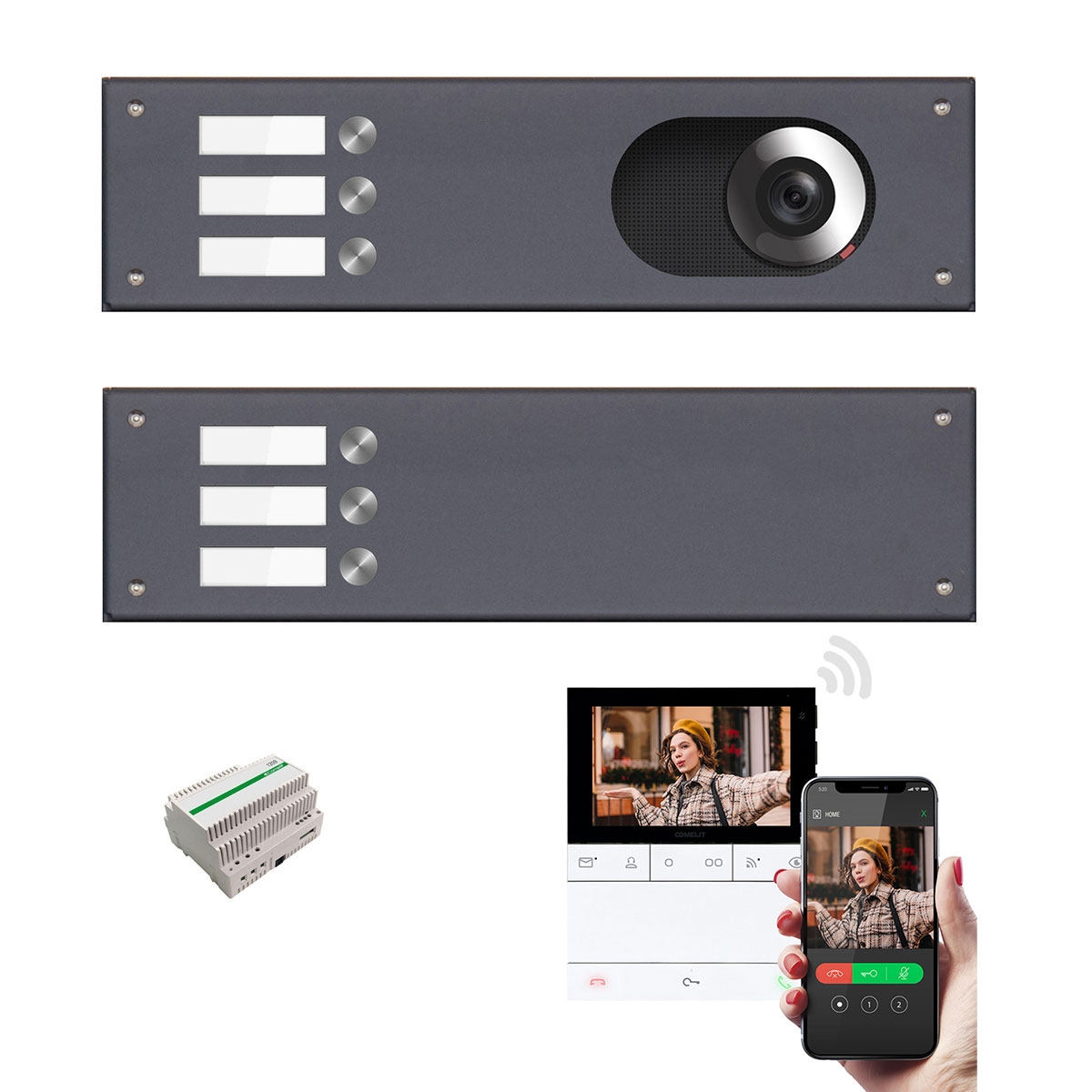 2 stainless steel panels 355x100 for 6 parties with Comelit complete video set Wifi - RAL of your choice