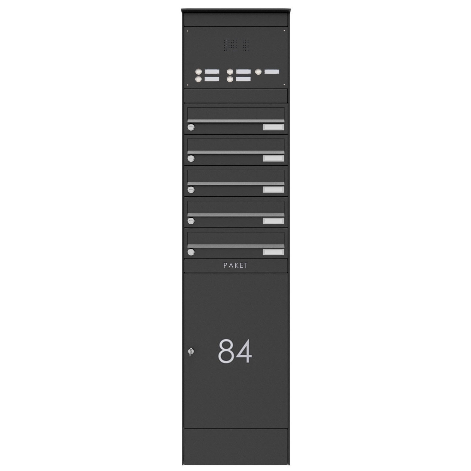 5er Briefkastenstele BASIC Plus 864X mit Paketfach 550x370 & Klingelkasten - RAL nach Wahl 5er Briefkastenstele BASIC Plus 864X mit Paketfach 550x370 & Klingelkasten - RAL nach Wahl