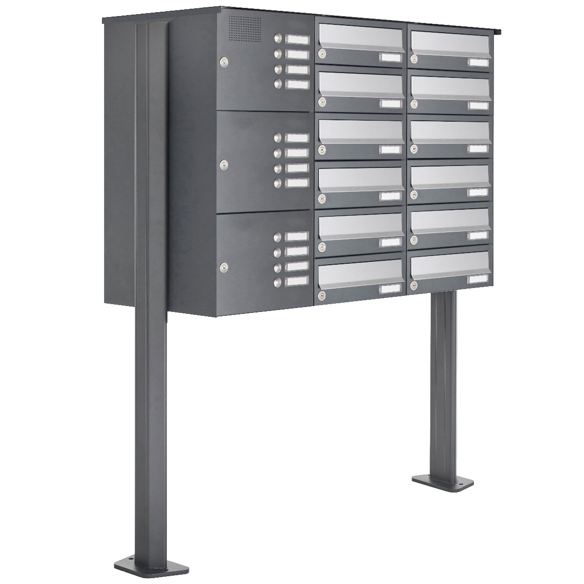 12er Standbriefkasten Design BASIC 385P ST-T mit Klingelkasten - Edelstahl-RAL 7016 anthrazit 12er Standbriefkasten Design BASIC 385P ST-T mit Klingelkasten - Edelstahl-RAL 7016 anthrazit