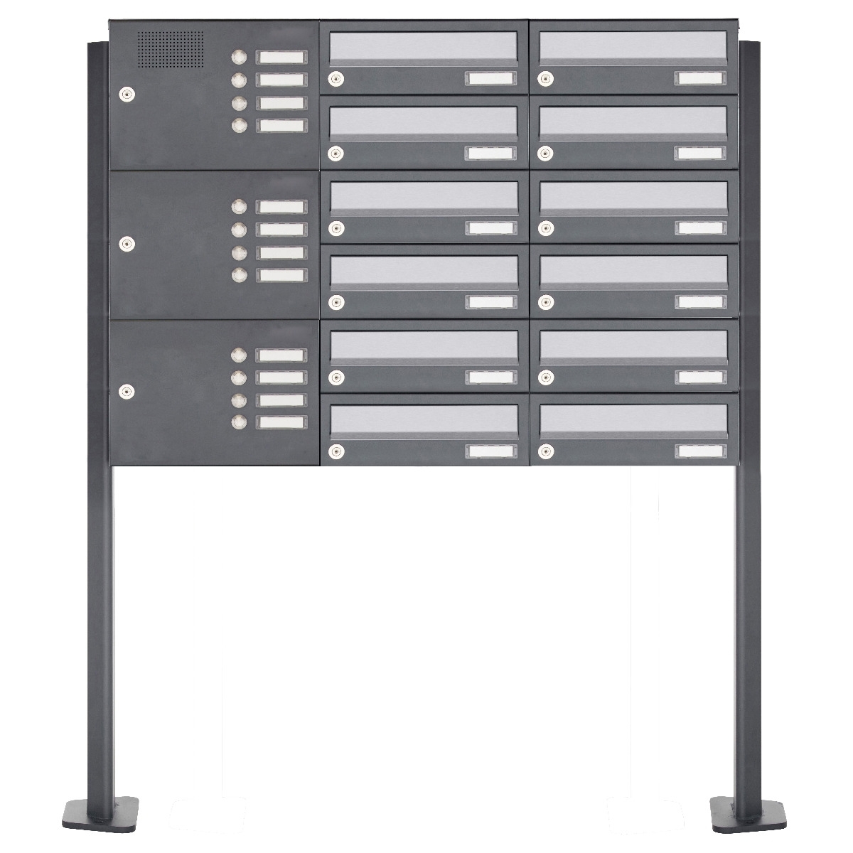 12er Standbriefkasten Design BASIC 385P ST-T mit Klingelkasten - Edelstahl-RAL 7016 anthrazit