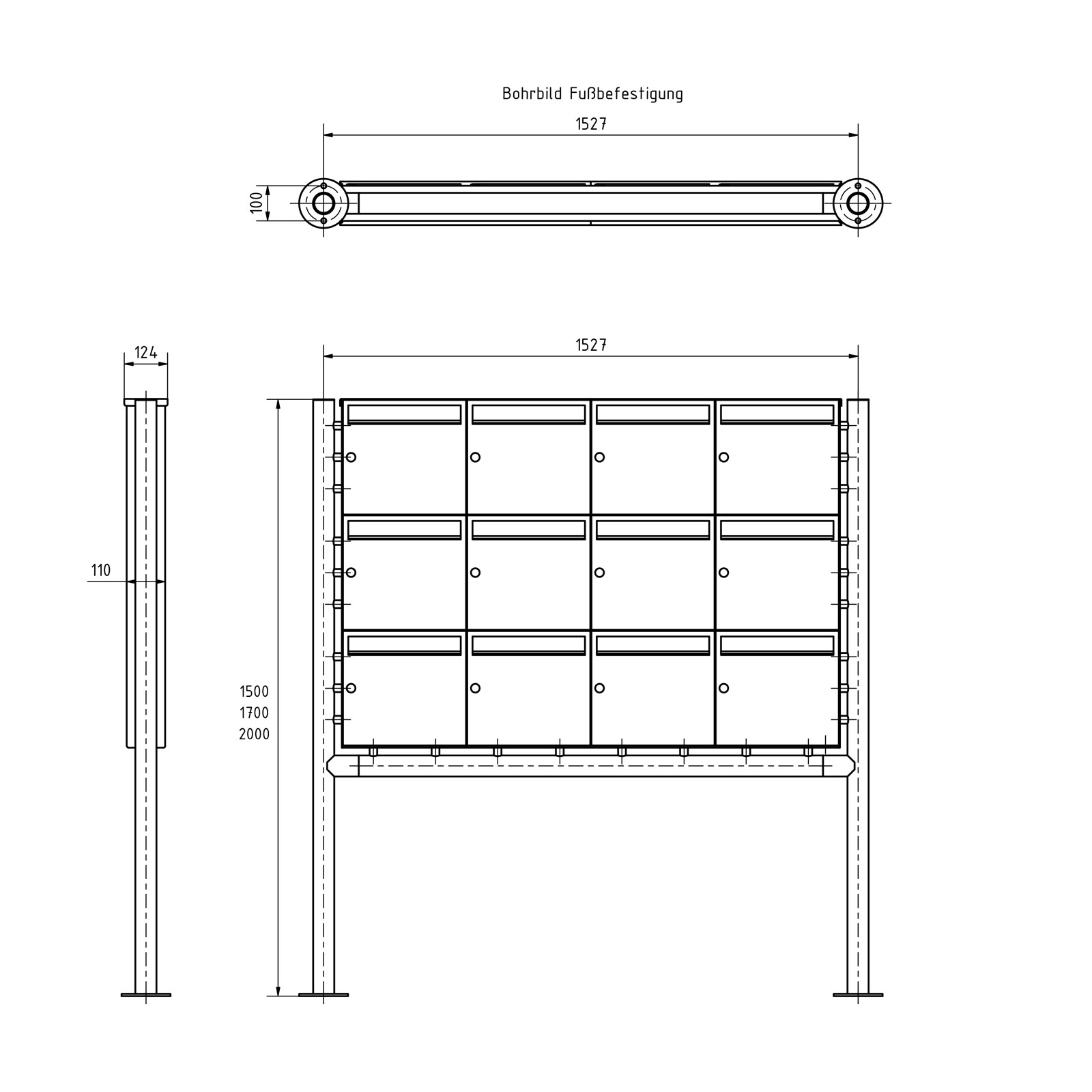 12er 3x4 Edelstahl Standbriefkasten Design BASIC Plus 381X ST-R - RAL nach Wahl