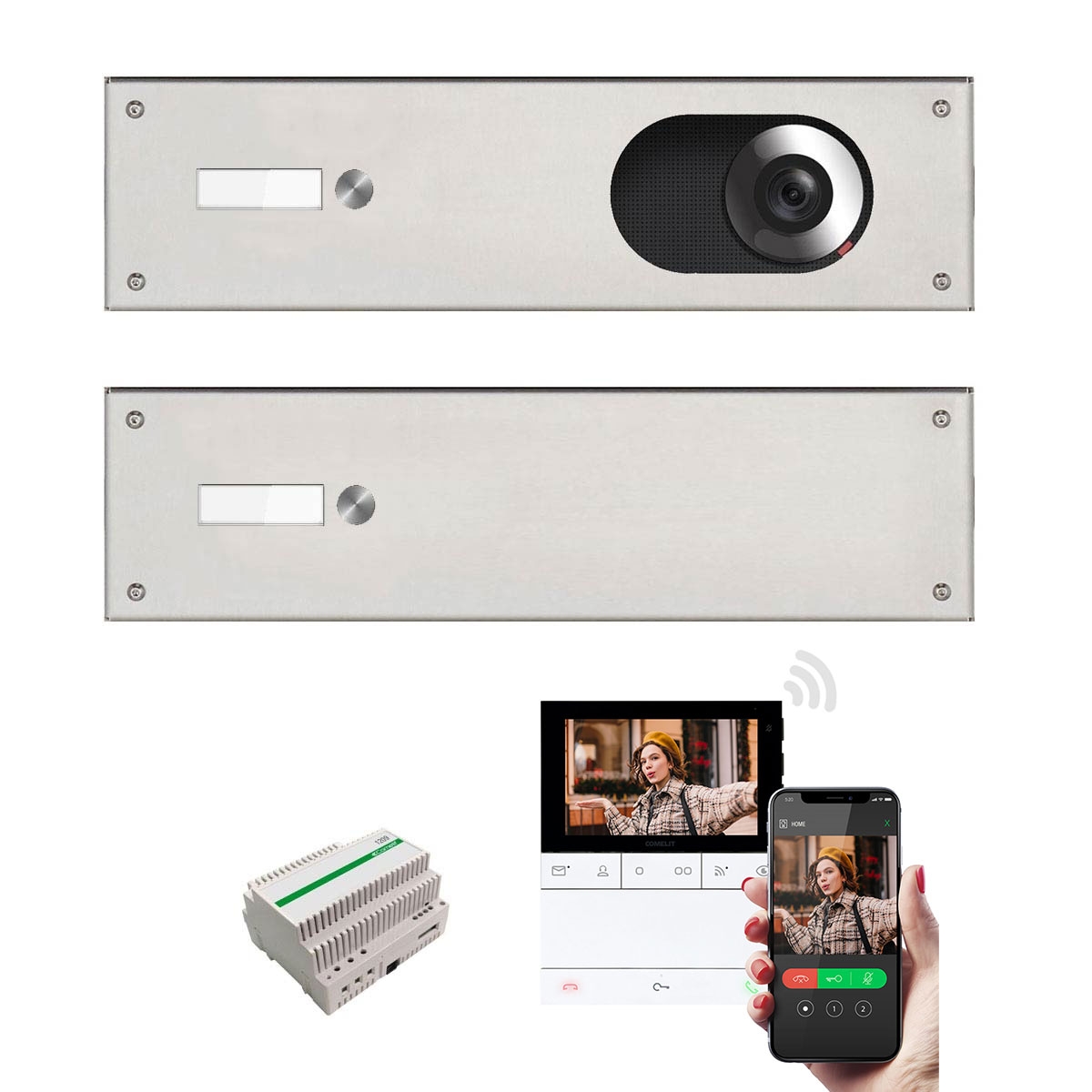 2 Edelstahl-Blenden 355x100 für 2 Parteien m. Comelit Video-Komplettset Wifi - Geschliffen 2 Edelstahl-Blenden 355x100 für 2 Parteien m. Comelit Video-Komplettset Wifi - Geschliffen