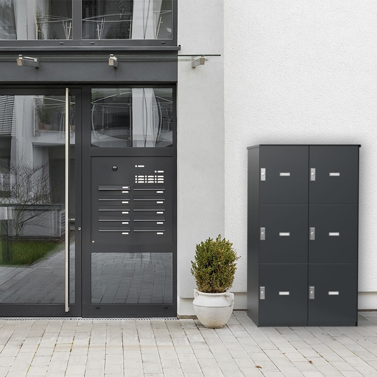 9er 3x3 Edelstahl Paketfachanlage BASIC Plus 863X STL mit Paketfach 440x370 - Farbe nach Wahl