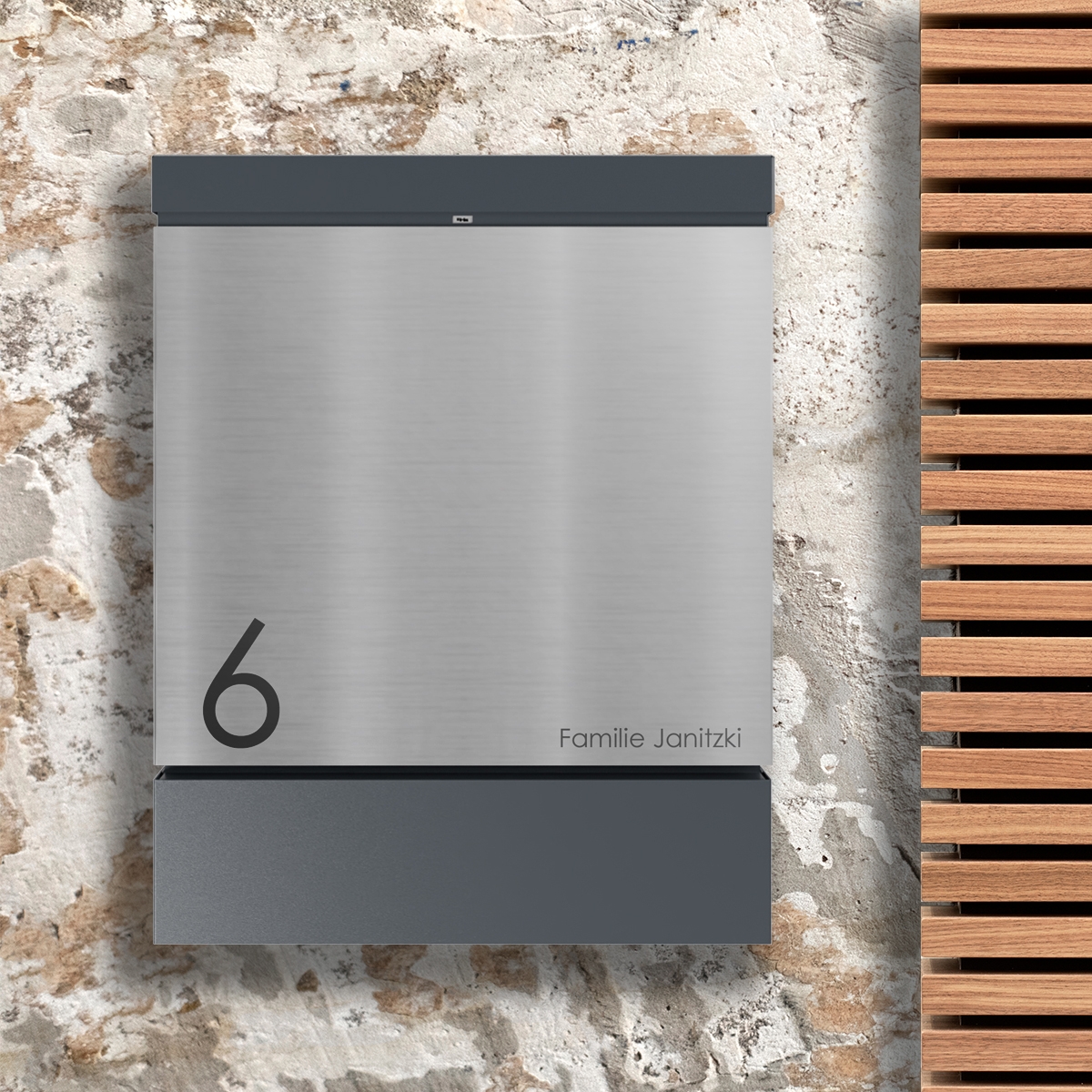 Design Briefkasten BRENTANO® mit Zeitungsfach - BI-Color VA geschliffen - RAL 7016 anthrazitgrau