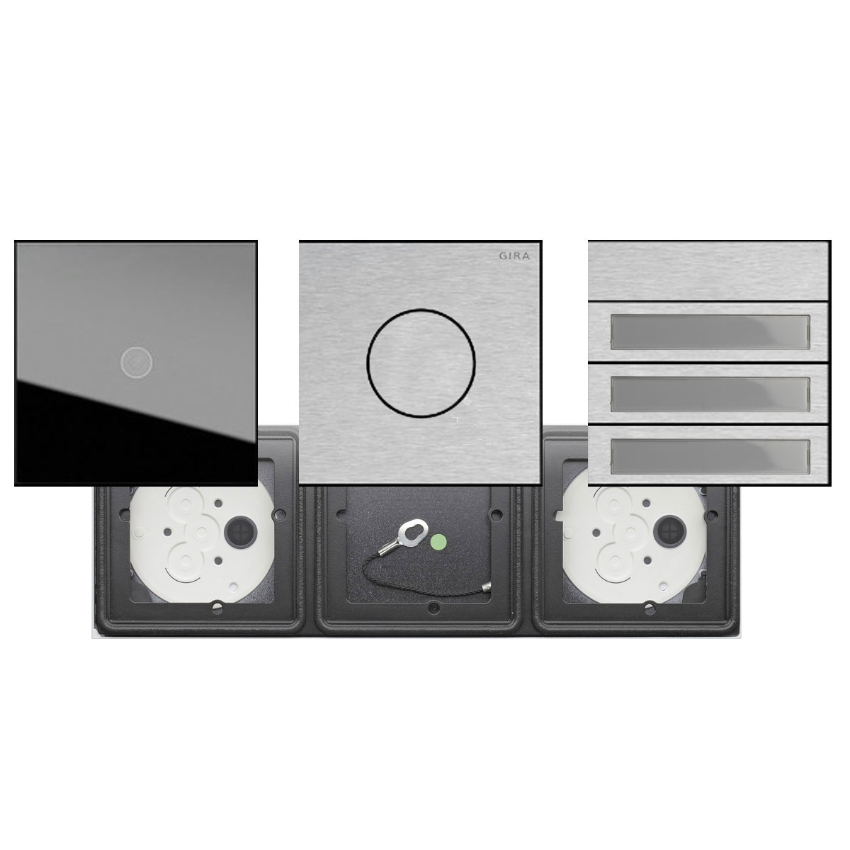 b8290d28ce5463ea7ef6b0d2f1b2ac7d2ec4d621 Set of 3 GIRA System 106 - Stainless steel V2A - Camera intercom with 3x bell push-buttons