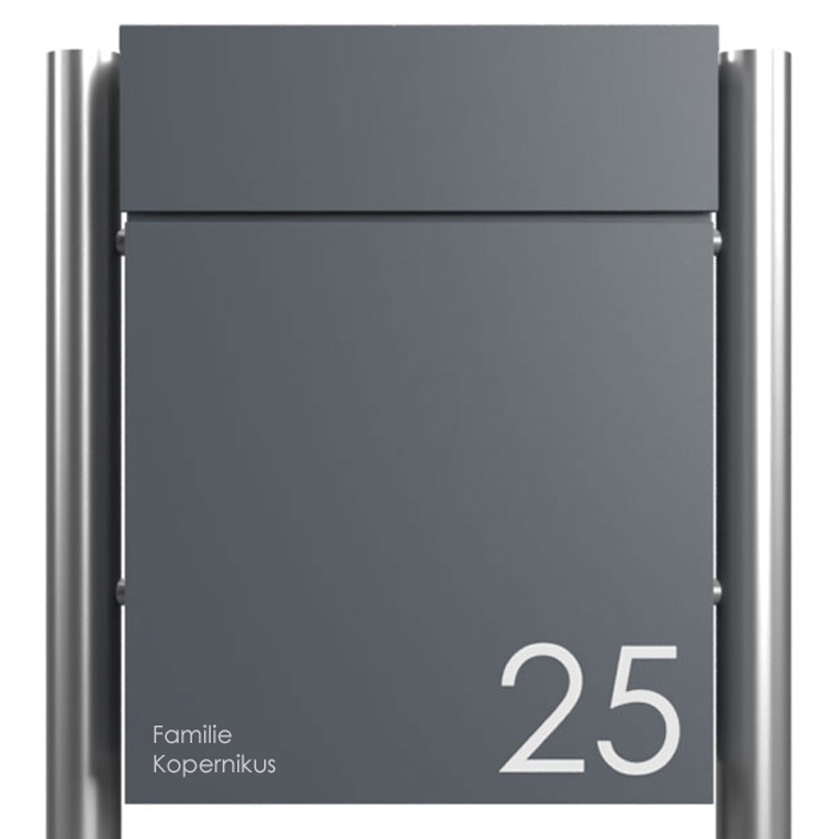 Free-standing parcel letter box KANT ST-R - Design 2 - RAL 7016 anthracite grey with stainless steel stand elements Free-standing parcel letter box KANT ST-R - Design 2 - RAL 7016 anthracite grey with stainless steel stand elements