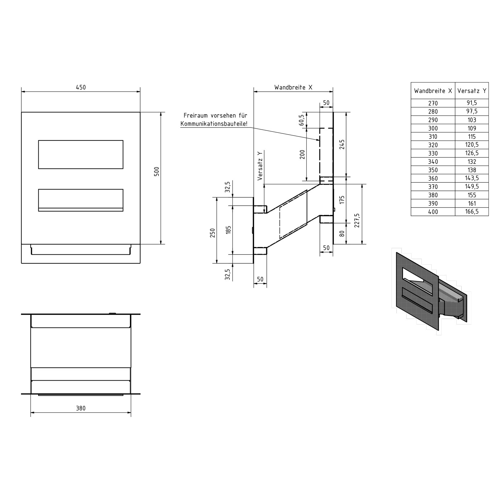 Stainless steel wall conduct letterbox designer model - RAL 7016 anthracite grey - GIRA System 106 - 3-gang prepared Stainless steel wall conduct letterbox designer model - RAL 7016 anthracite grey - GIRA System 106 - 3-gang prepared