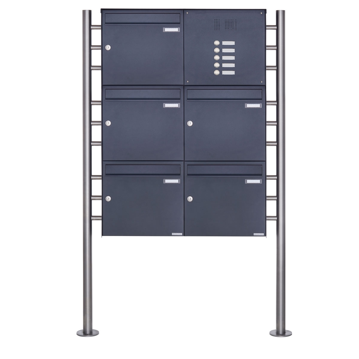5er 3x2 Edelstahl Standbriefkasten Design BASIC Plus 381X ST-R  mit Klingelkasten - RAL nach Wahl