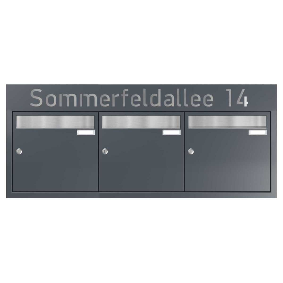 3er 3x1 flush-mounted letterbox system BASIC - Edition NELLY - BI-Color VA-RAL 7016 anthracite grey 3er 3x1 flush-mounted letterbox system BASIC - Edition NELLY - BI-Color VA-RAL 7016 anthracite grey