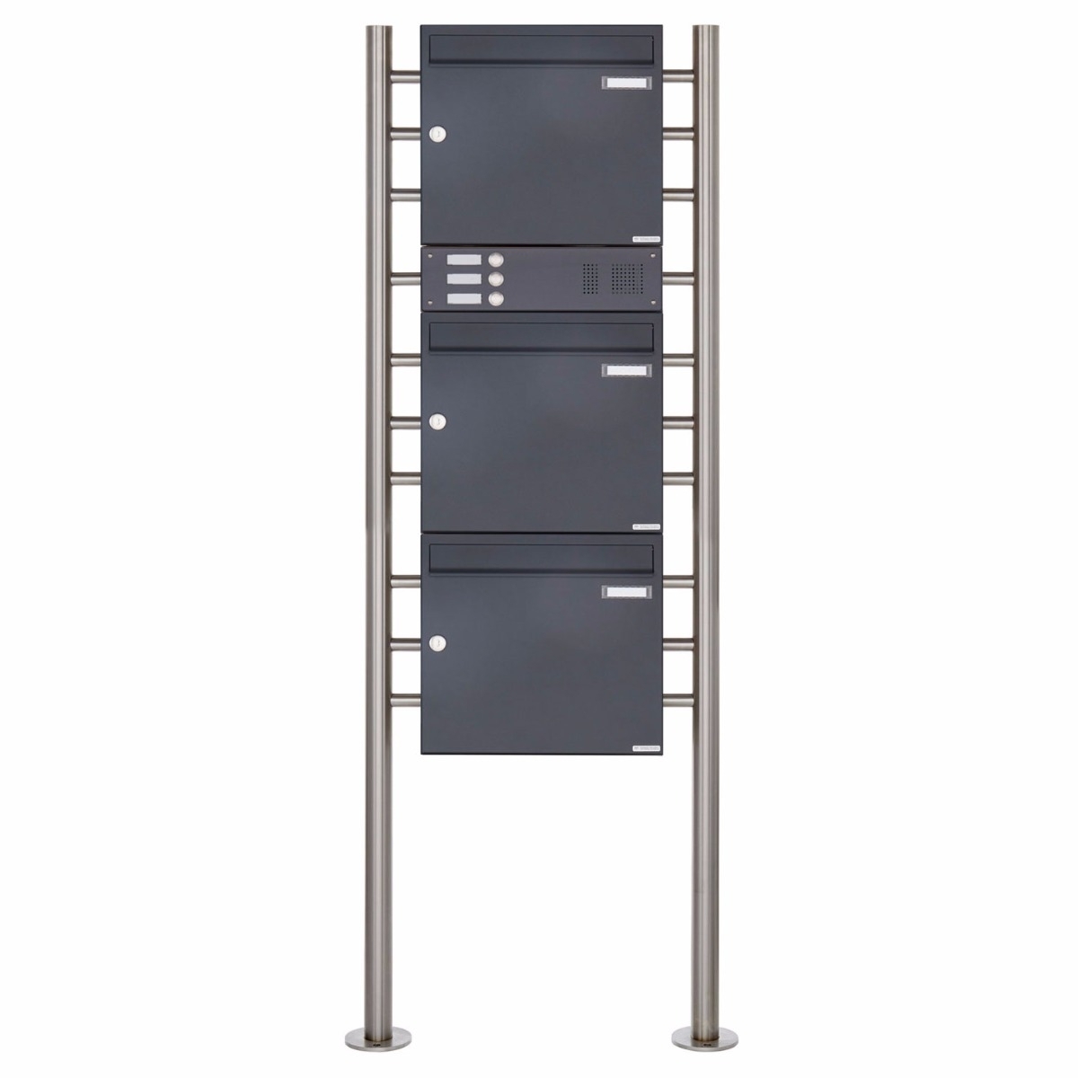 3er 3x1 Standbriefkasten Design BASIC 381 ST-R mit Klingelkasten - RAL 7016 anthrazitgrau 3er 3x1 Standbriefkasten Design BASIC 381 ST-R mit Klingelkasten - RAL 7016 anthrazitgrau