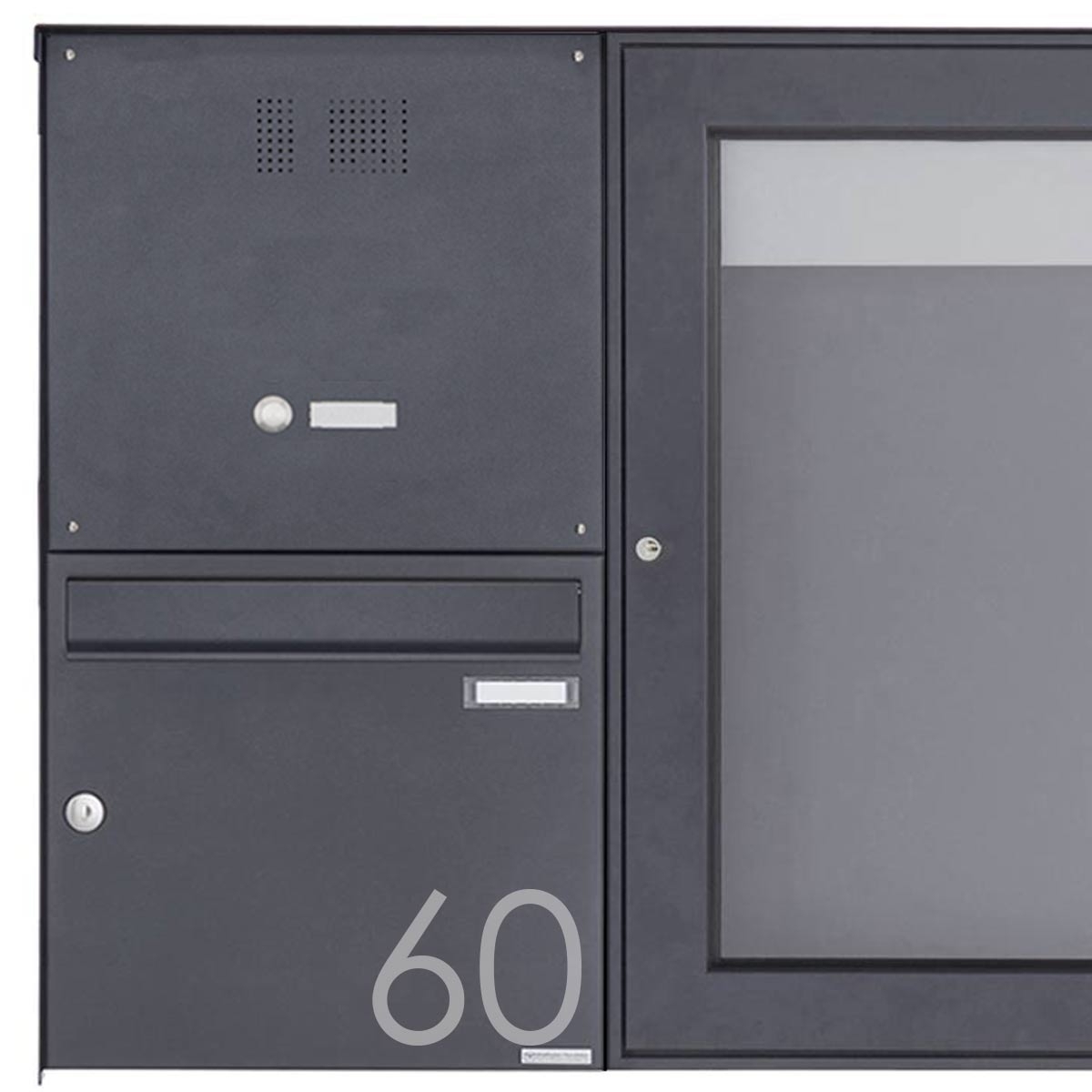 Surface-mounted letterbox with display case BASIC Plus 389XA AP with bell box - 710x660 - RAL of your choice Surface-mounted letterbox with display case BASIC Plus 389XA AP with bell box - 710x660 - RAL of your choice