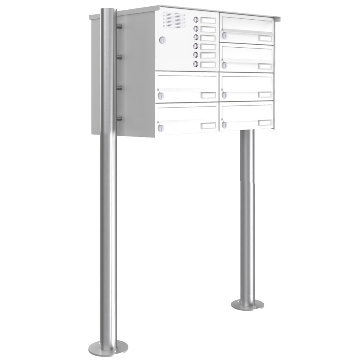 6er Standbriefkasten Design BASIC 385-9016 ST-R mit Klingelkasten - RAL 9016 verkehrsweiß
