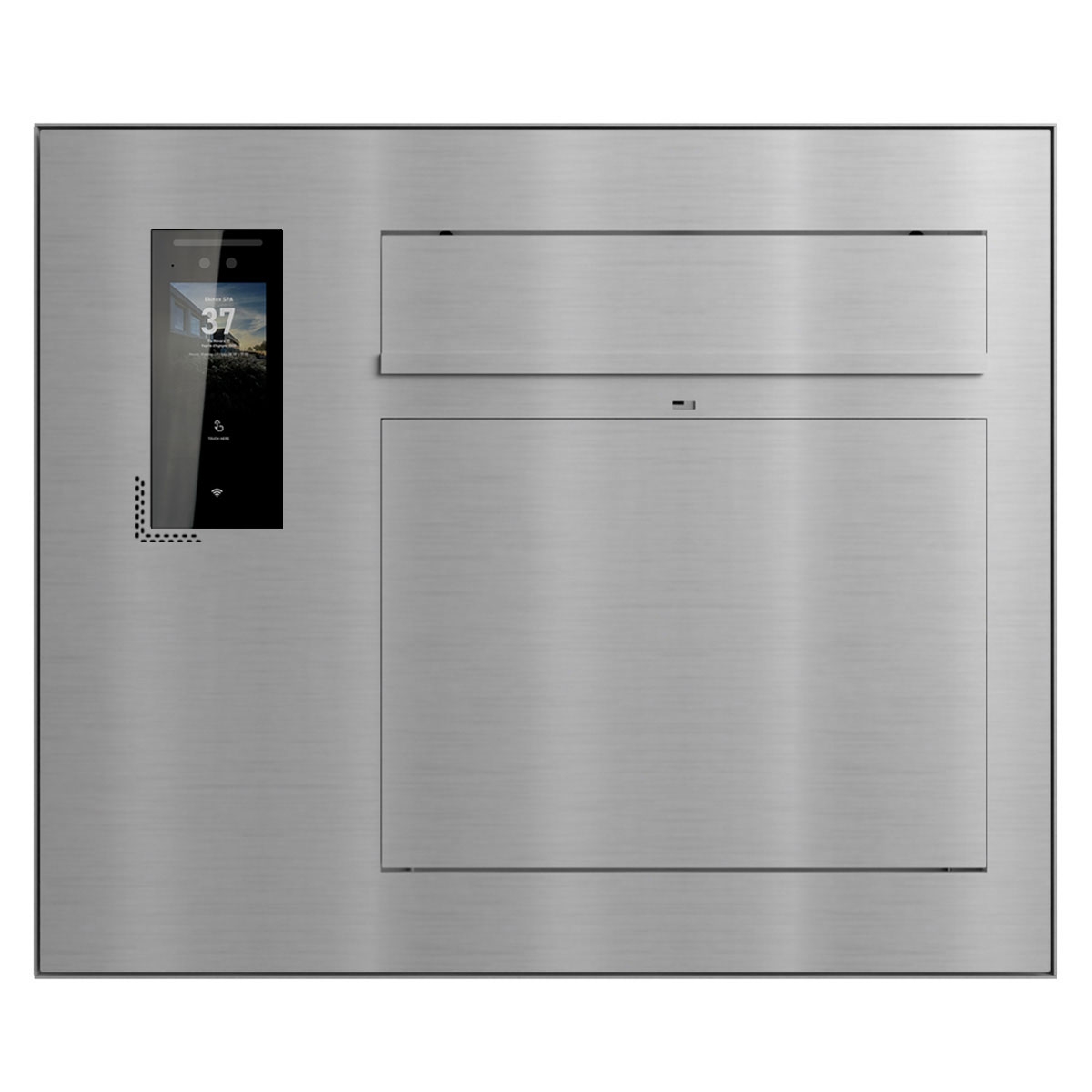 Design Aufputz Briefkasten GRIMM - Edelstahl geschliffen mit Ekinex Dico IP-Videosprechanlage links