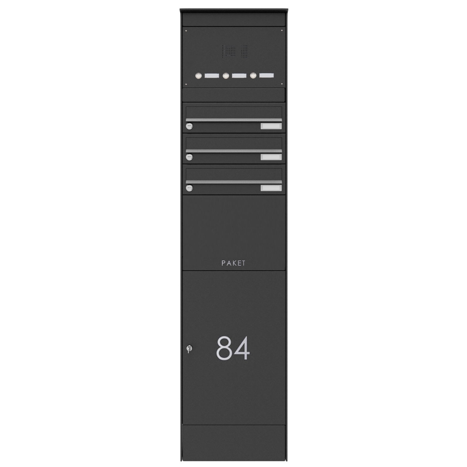 3 letterbox pedestal BASIC Plus 864X with parcel compartment 550x370 & bell box - RAL of your choice 3 letterbox pedestal BASIC Plus 864X with parcel compartment 550x370 & bell box - RAL of your choice