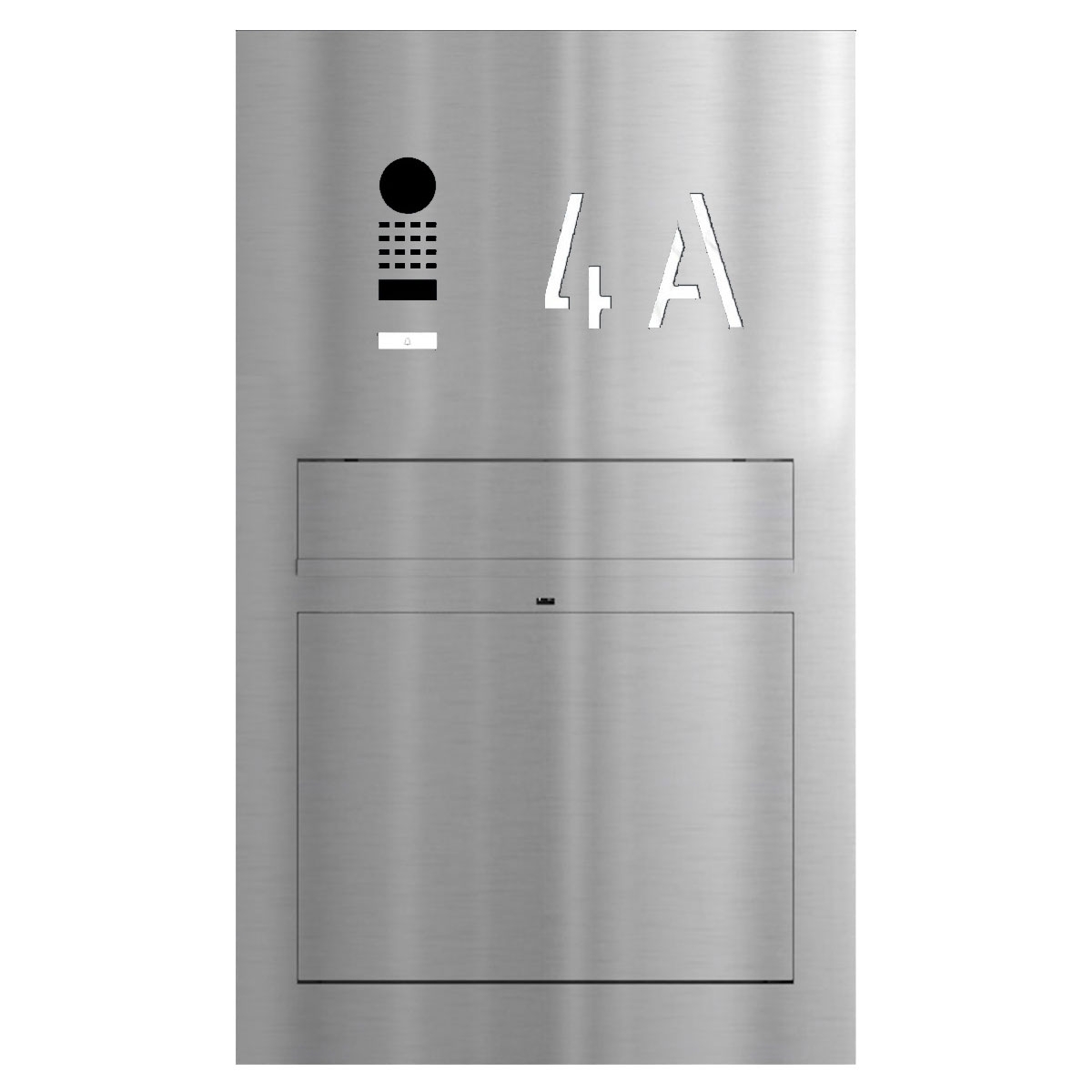 Design letterbox pedestal GRIMM - polished stainless steel with DoorBird video intercom system Design letterbox pedestal GRIMM - polished stainless steel with DoorBird video intercom system