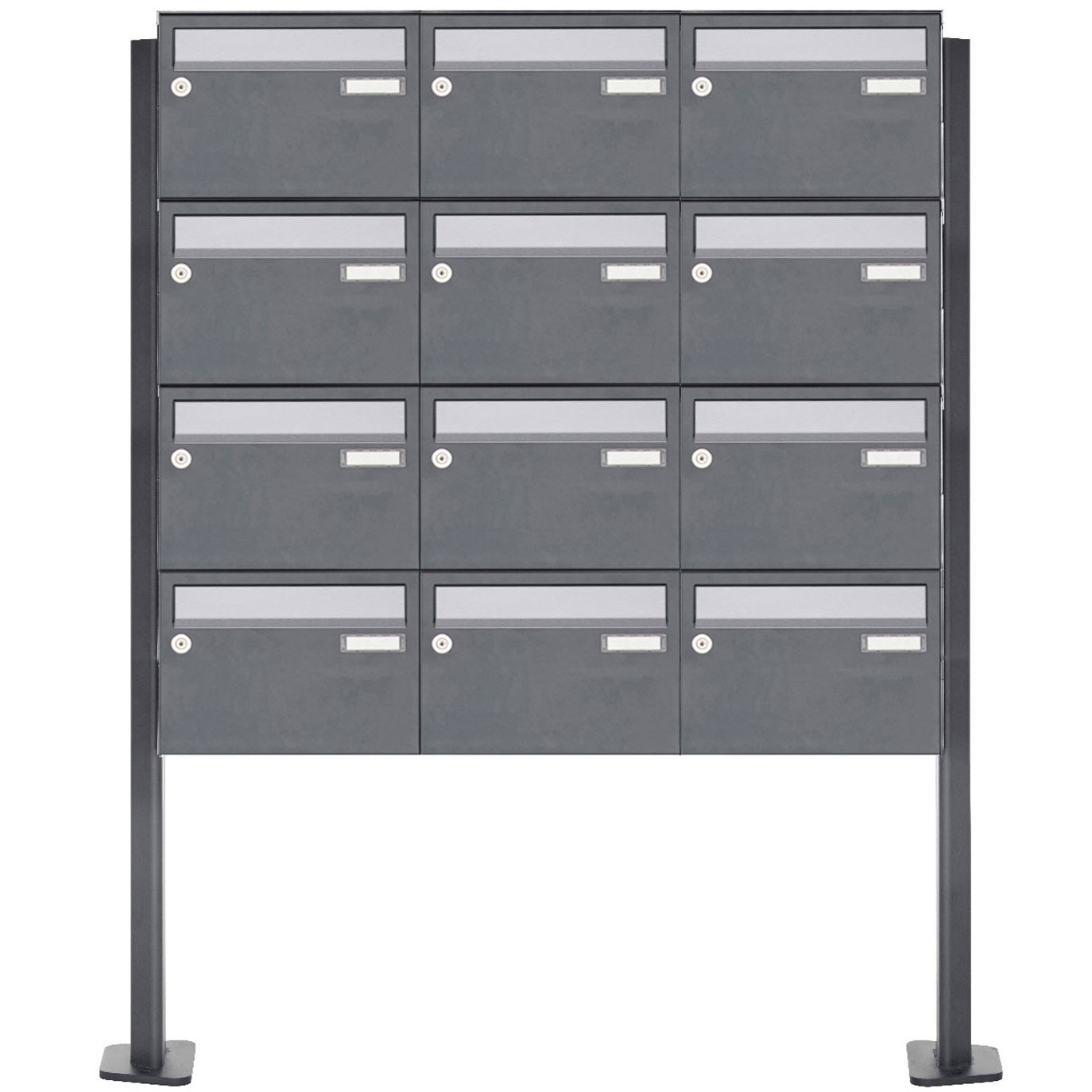 12er Briefkastenanlage freistehend Design BASIC Plus 385XP ST-T - Edelstahl-RAL nach Wahl