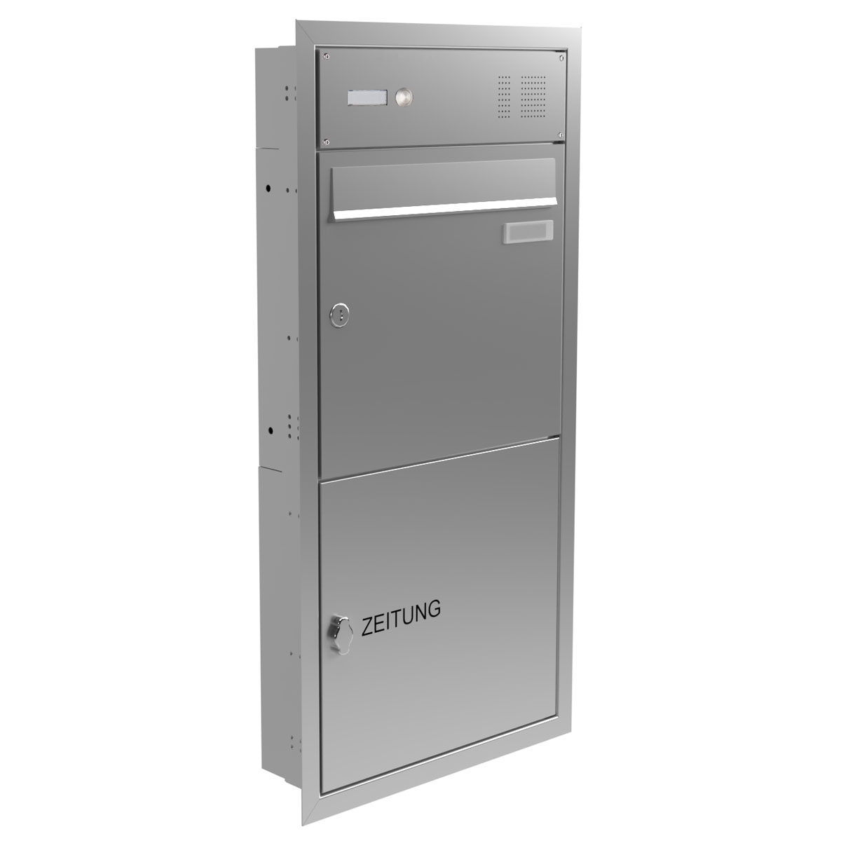 Stainless steel flush-mounted letterbox BASIC Plus 382XU UP with bell box & newspaper compartment Stainless steel flush-mounted letterbox BASIC Plus 382XU UP with bell box & newspaper compartment