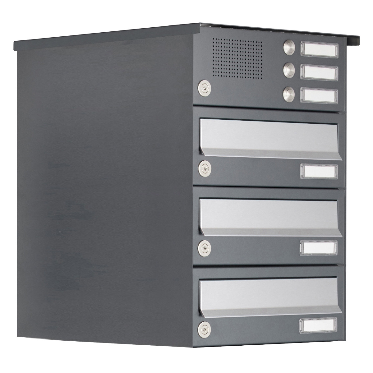 3er Aufputz Briefkastenanlage Design BASIC 385A AP mit Klingelkasten - Edelstahl-RAL 7016 anthrazit 3er Aufputz Briefkastenanlage Design BASIC 385A AP mit Klingelkasten - Edelstahl-RAL 7016 anthrazit