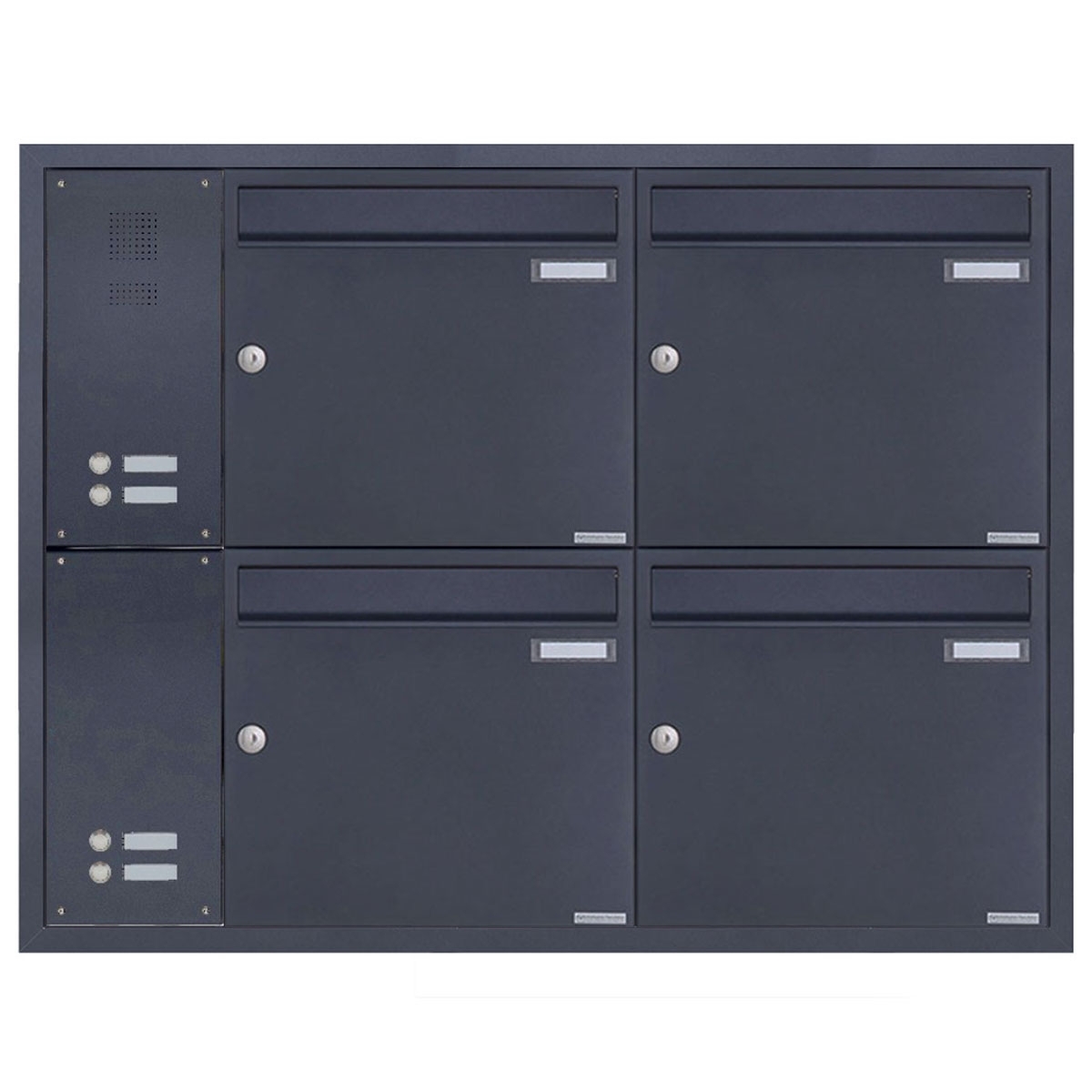 4-piece stainless steel flush-mounted letterbox system BASIC Plus 382XU UP with bell box on the side - RAL of your choice 4-piece stainless steel flush-mounted letterbox system BASIC Plus 382XU UP with bell box on the side - RAL of your choice