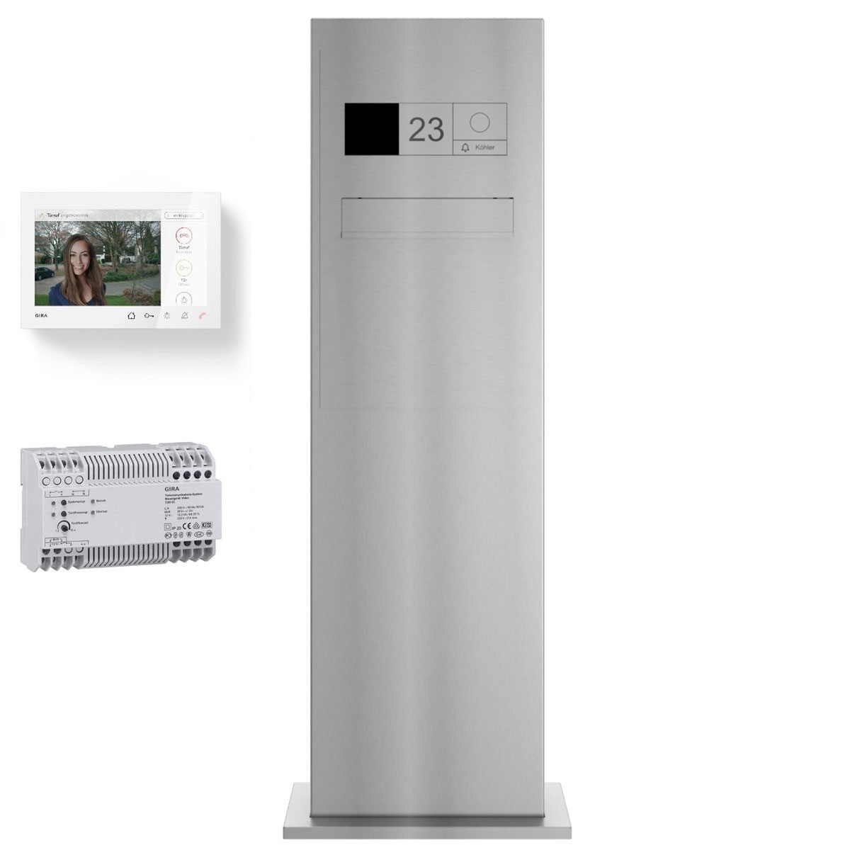 Design letterbox pedestal GRIMM - rear removal - polished stainless steel - GIRA System 106 - Video intercom system - VIDEO complete set Design letterbox pedestal GRIMM - rear removal - polished stainless steel - GIRA System 106 - Video intercom system - VIDEO complete set