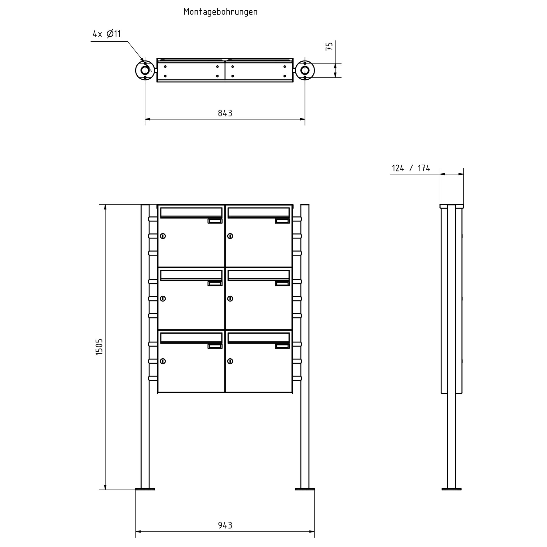 6er 3x2 Edelstahl Standbriefkasten Design BASIC Plus 381X ST R - RAL nach Wahl