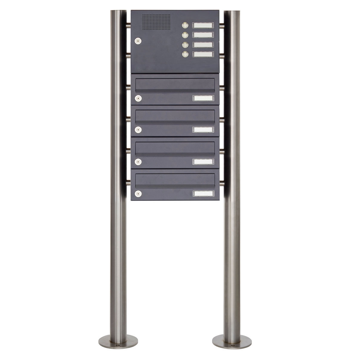 4er 6x1 Edelstahl Standbriefkasten Design BASIC Plus 385X ST-R mit Klingelkasten - RAL nach Wahl 4er 6x1 Edelstahl Standbriefkasten Design BASIC Plus 385X ST-R mit Klingelkasten - RAL nach Wahl
