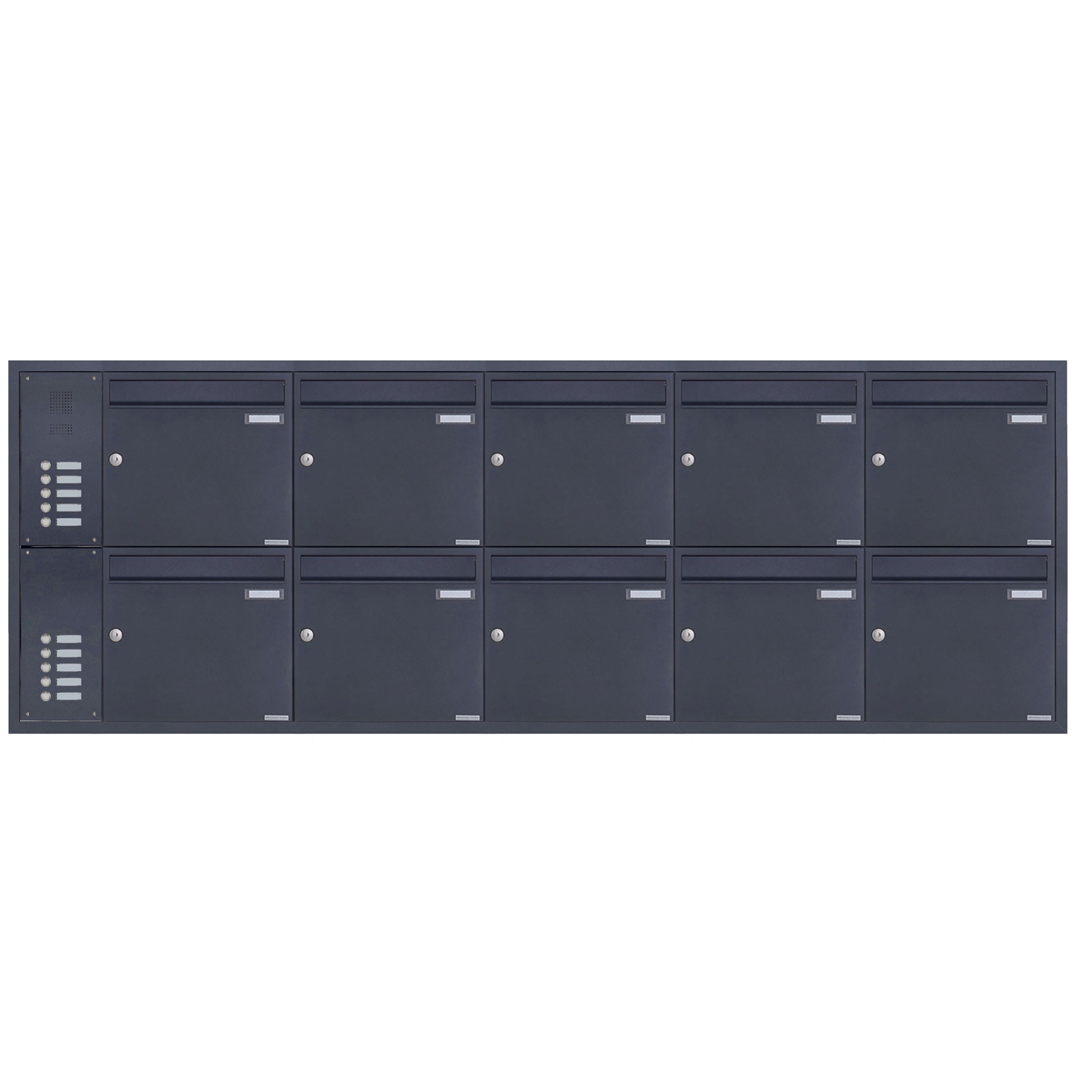 10-piece stainless steel flush-mounted letterbox system BASIC Plus 382XU UP with bell box on the side - RAL of your choice 10-piece stainless steel flush-mounted letterbox system BASIC Plus 382XU UP with bell box on the side - RAL of your choice