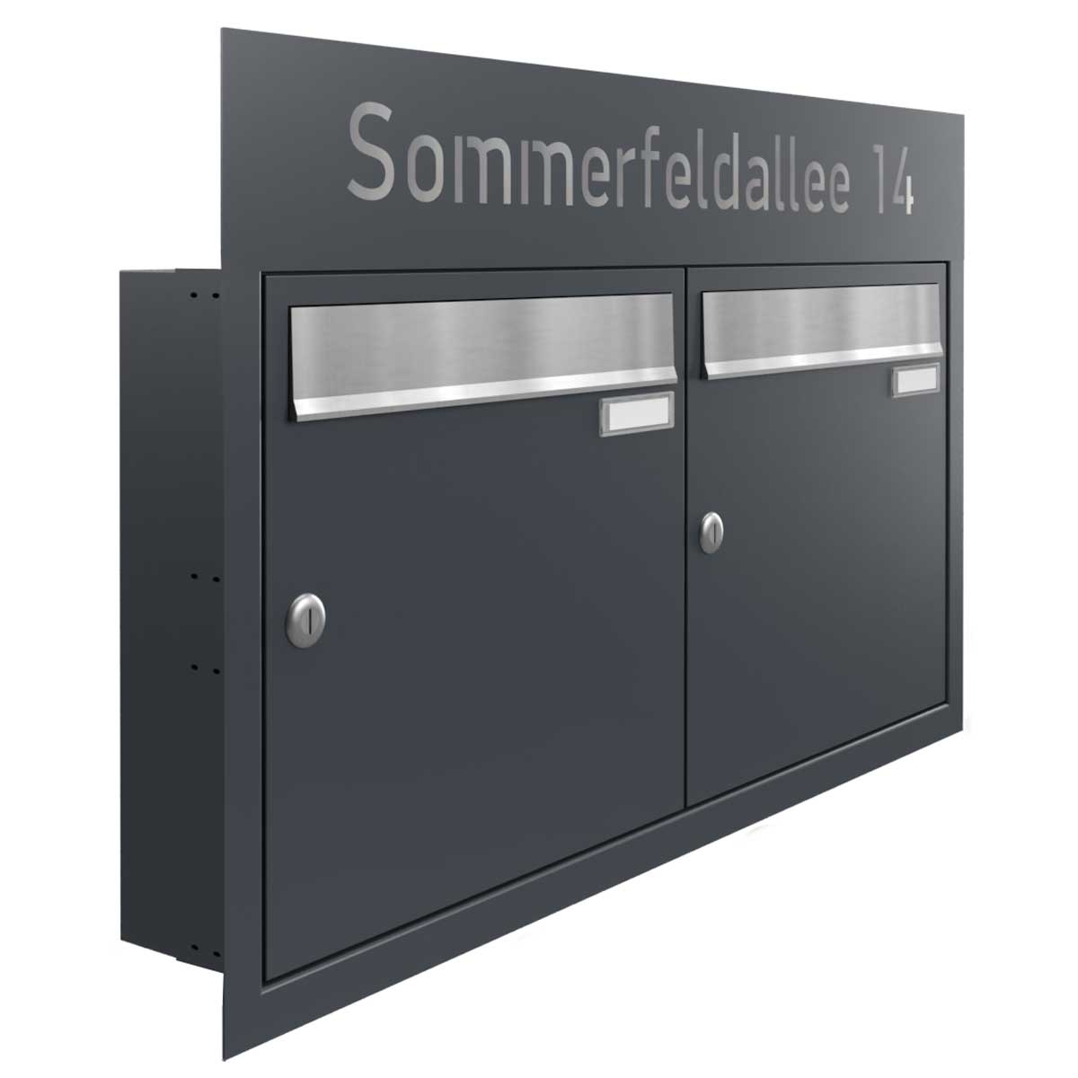 2 x 1 flush-mounted letterbox system BASIC - Edition NELLY - BI-Color VA-RAL 7016 anthracite grey 2 x 1 flush-mounted letterbox system BASIC - Edition NELLY - BI-Color VA-RAL 7016 anthracite grey