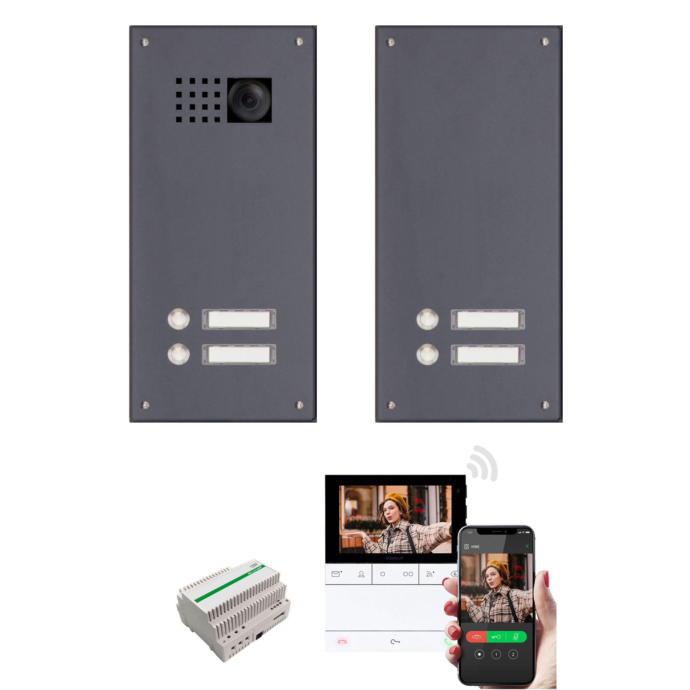 2 stainless steel screens 170x330 for 4 parties with Comelit complete video set Wifi - RAL of your choice