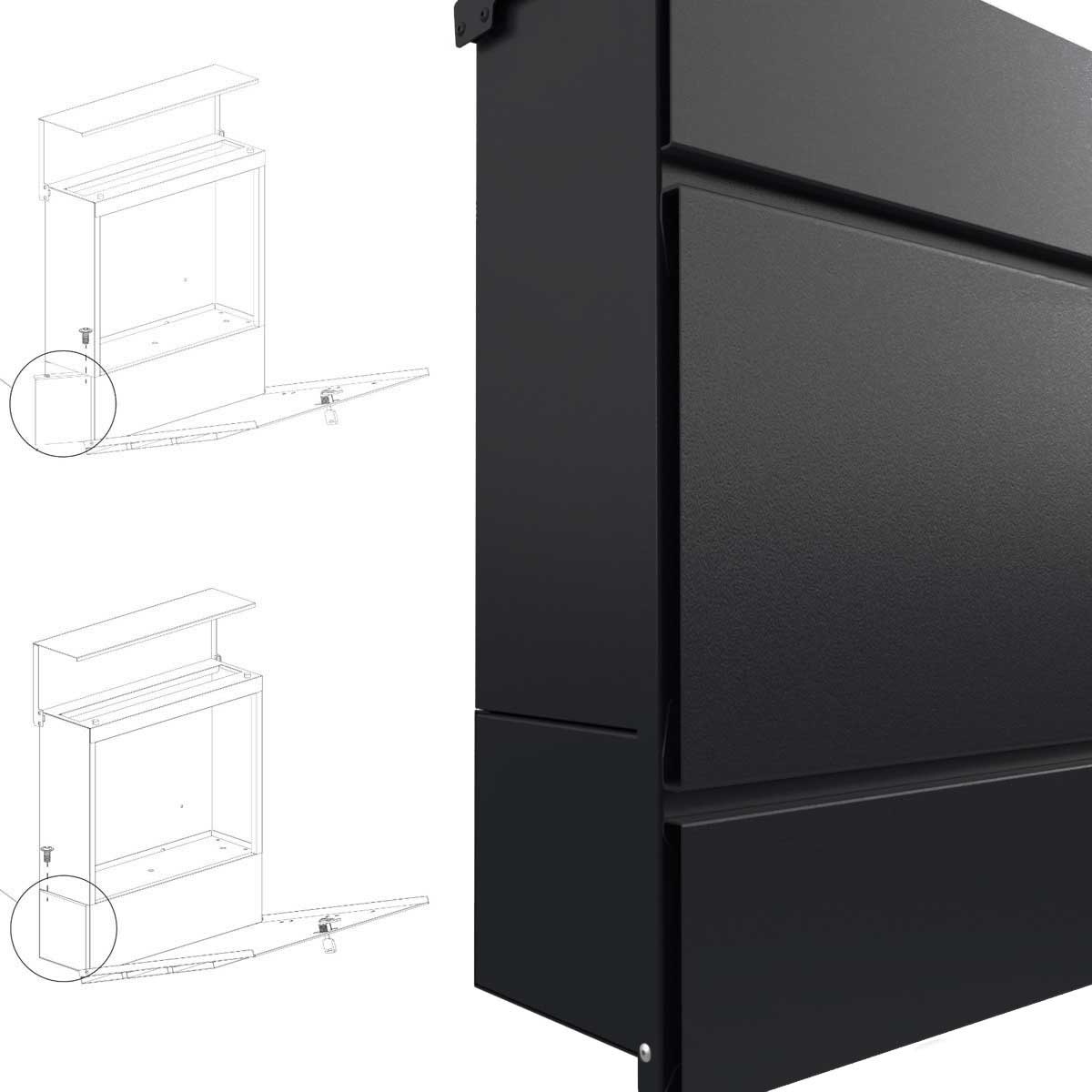 KANT letterbox with newspaper compartment - Design 2 - RAL 9005 jet black KANT letterbox with newspaper compartment - Design 2 - RAL 9005 jet black