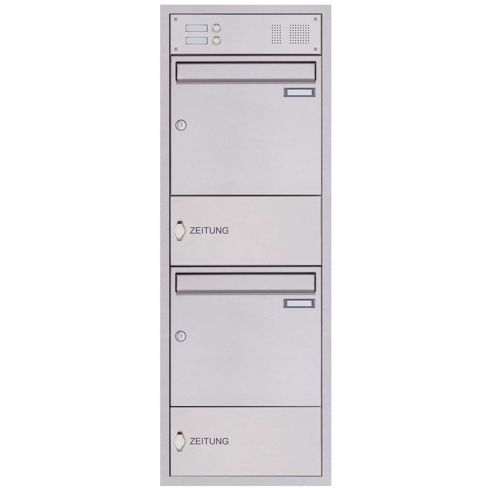 Cassetta postale da incasso BASIC Plus 382XU UP in 2 pezzi in acciaio inox con campanello e vano portagiornali Cassetta postale da incasso BASIC Plus 382XU UP in 2 pezzi in acciaio inox con campanello e vano portagiornali