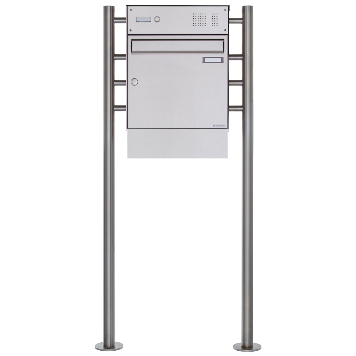 1-post letterbox Design BASIC Plus 381X ST-R with bell box & newspaper compartment - stainless steel V2A 1-post letterbox Design BASIC Plus 381X ST-R with bell box & newspaper compartment - stainless steel V2A