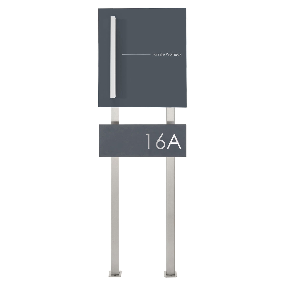 Design stainless steel letterbox SCHILLER MEDIUM Elegance II with handle bar - house number - name - RAL of your choice Design stainless steel letterbox SCHILLER MEDIUM Elegance II with handle bar - house number - name - RAL of your choice