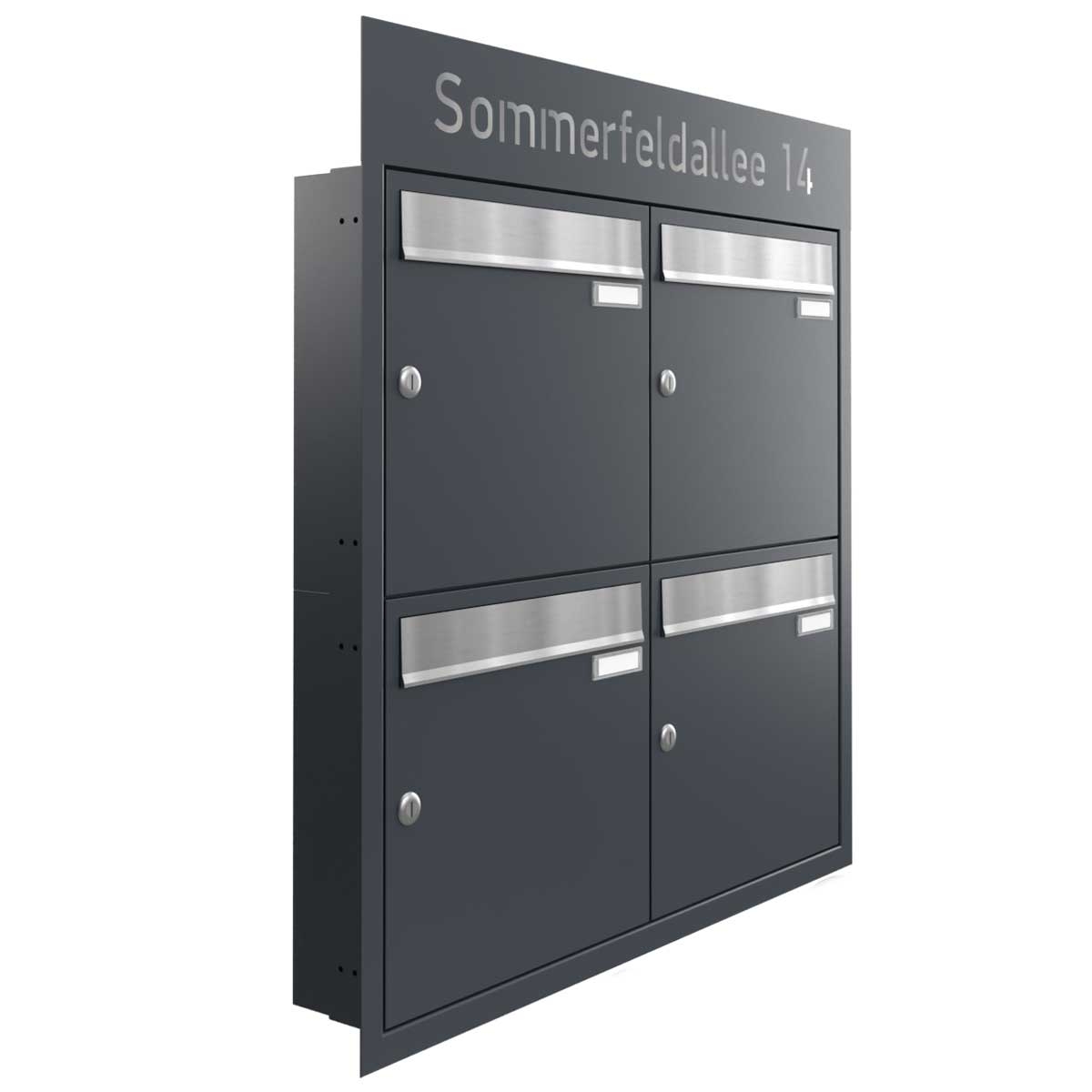 4 flush-mounted letterbox system BASIC - Edition NELLY - BI-Color VA-RAL 7016 anthracite grey 4 flush-mounted letterbox system BASIC - Edition NELLY - BI-Color VA-RAL 7016 anthracite grey