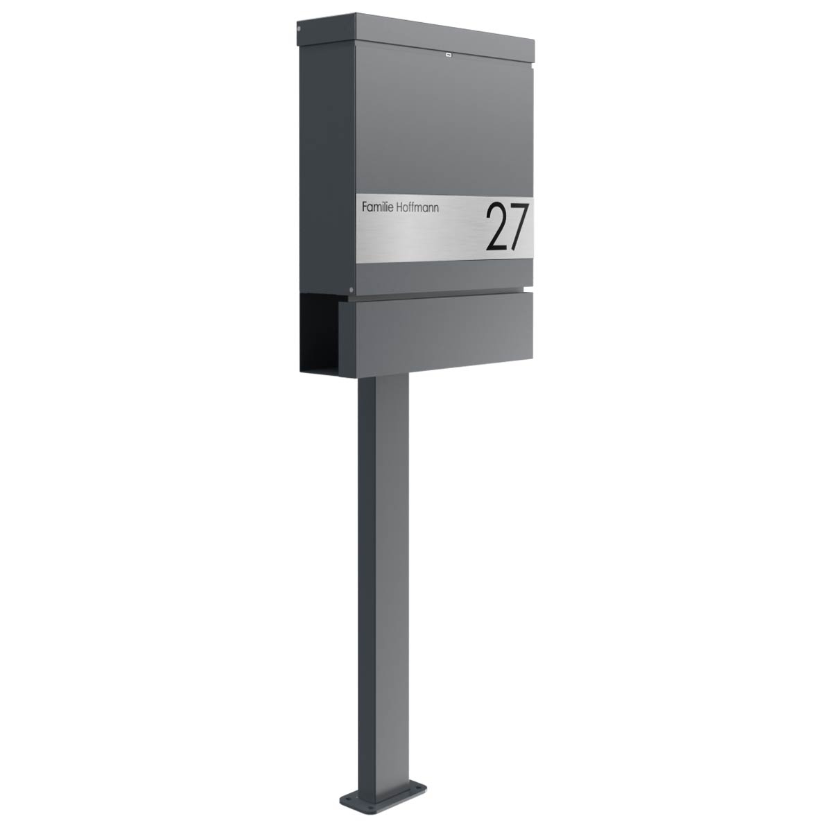 BRENTANO® ST-BP designer free-standing letterbox with newspaper compartment - Elegance 2 design - RAL 7016 anthracite grey