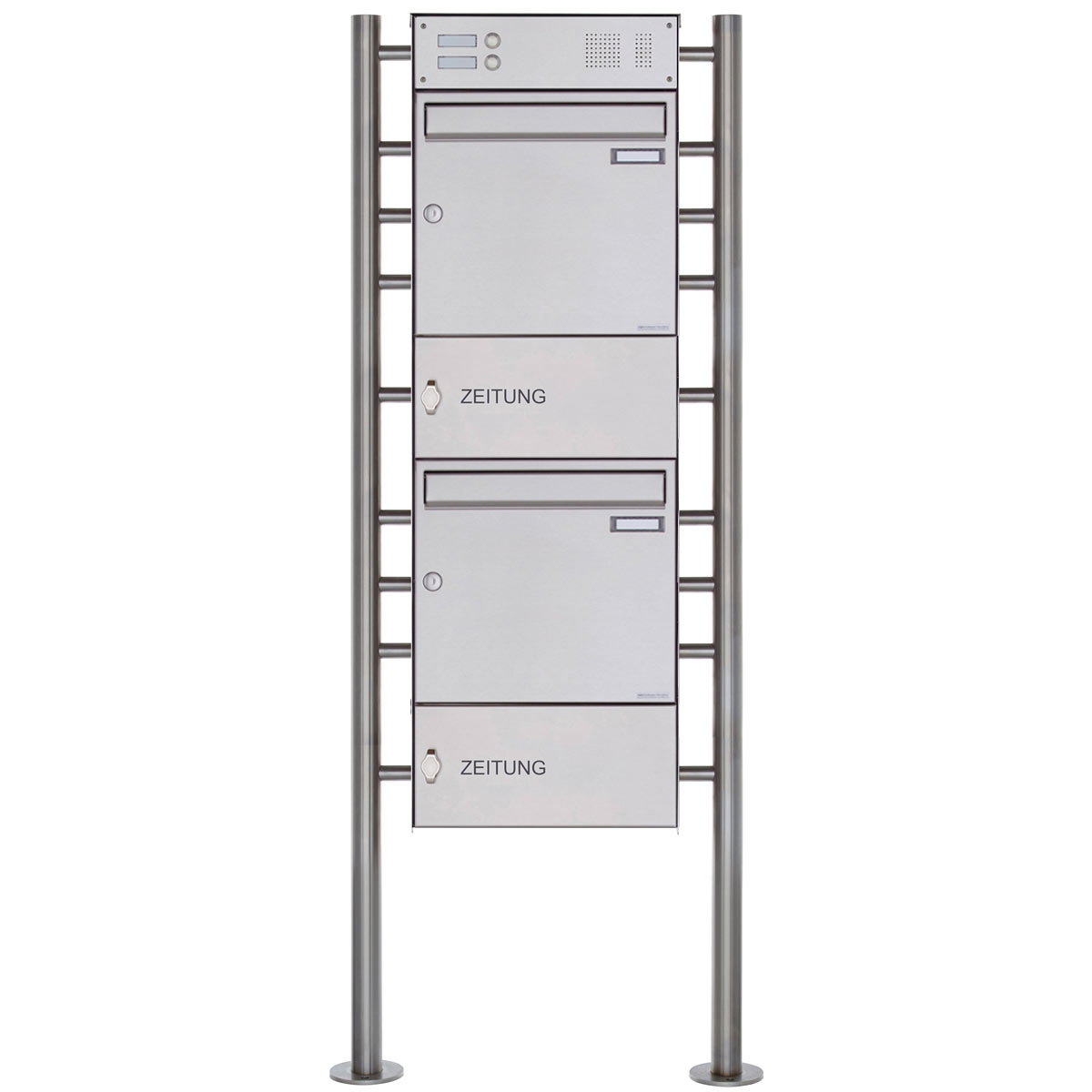 2er Standbriefkasten Design BASIC Plus 381X ST-R mit Klingelkasten & Zeitungsfach - Edelstahl 2er Standbriefkasten Design BASIC Plus 381X ST-R mit Klingelkasten & Zeitungsfach - Edelstahl
